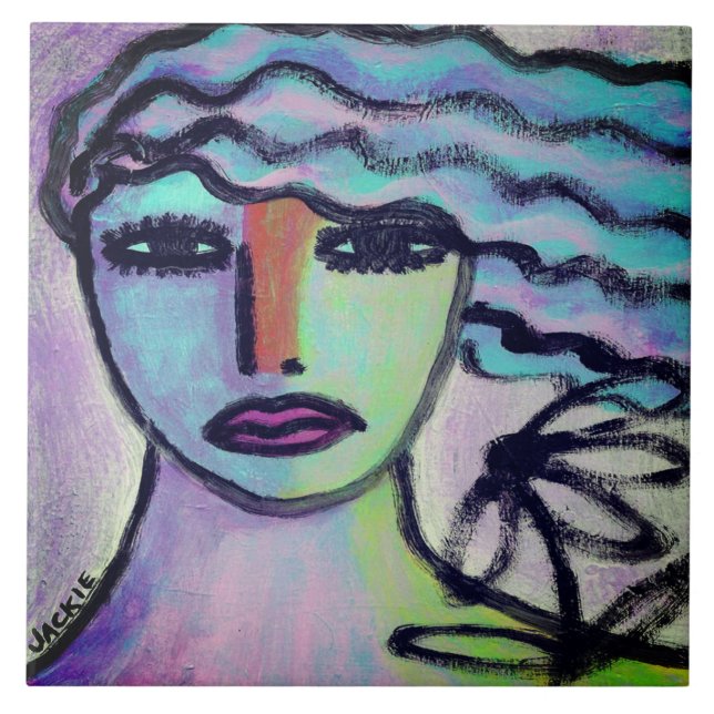 Azulejo De Cerâmica Mulher com Retrato Abstrato de Flor (Frente)