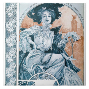 Azulejo De Cerâmica Mulher com Rosa, Mucha