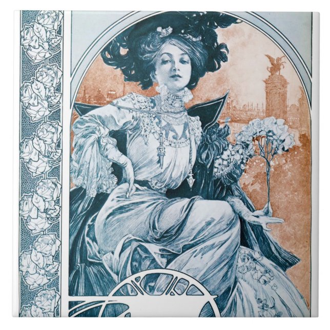 Azulejo De Cerâmica Mulher com Rosa, Mucha (Frente)