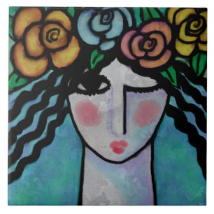 Azulejo De Cerâmica Mulher com Rosas no Cabelo