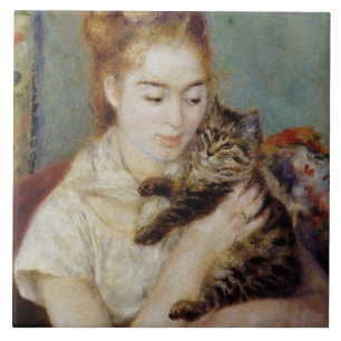 Azulejo De Cerâmica Mulher com um gato por Pierre-Auguste Renoir