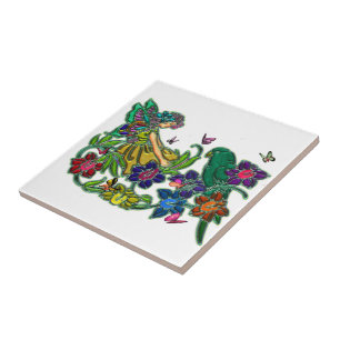 Azulejo De Cerâmica Mulher da borboleta floral & pássaro