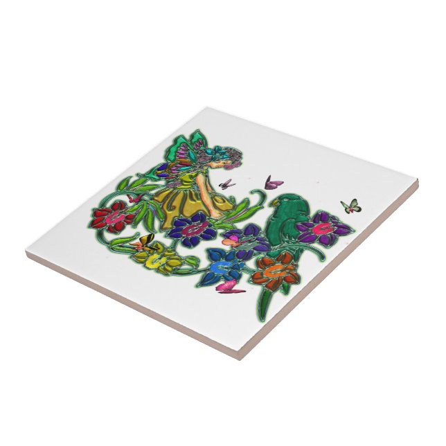 Azulejo De Cerâmica Mulher da borboleta floral & pássaro (Lateral)