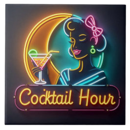 Azulejo De Cerâmica Mulher da Hora do Coquetel com Letreiro de Neon de