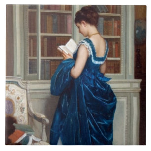 Azulejo De Cerâmica Mulher de Azul lendo um Livro