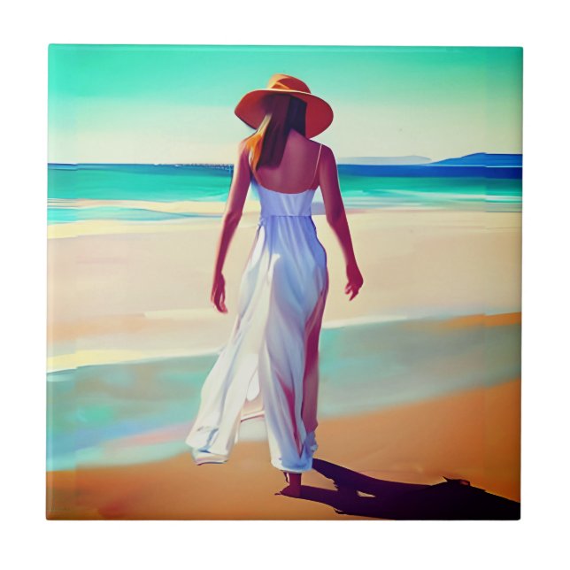 Azulejo De Cerâmica Mulher de branco na praia (Frente)