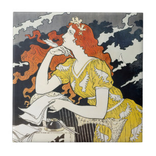 Azulejo De Cerâmica Mulher de Cabelo Vermelho Vestido Amarelo Arte Nov