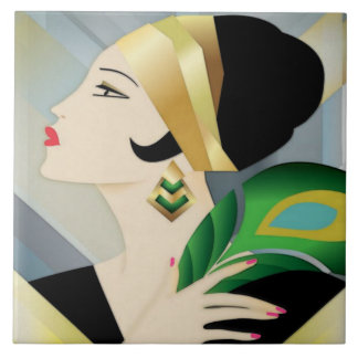 Azulejo De Cerâmica Mulher do Art Deco com Pavock Feather