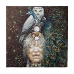 Azulejo De Cerâmica mulher do nativo americano com coruja e pavão