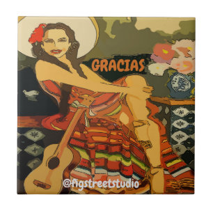 Azulejo De Cerâmica Mulher do Violão Flamenco, adicionar texto, Azule