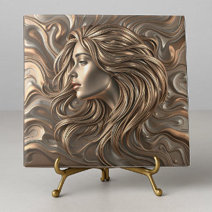 Azulejo De Cerâmica Mulher Dourada de Bronze Molten com Cabelo Fluente