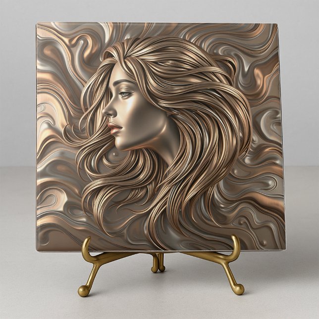 Azulejo De Cerâmica Mulher Dourada de Bronze Molten com Cabelo Fluente (Criador carregado)