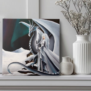 Azulejo De Cerâmica Mulher Dragão Branco Fantasia Auroras Boreais