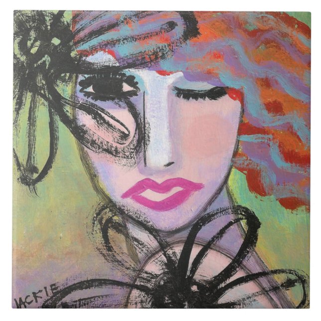 Azulejo De Cerâmica Mulher e Flores Pintura Abstrata (Frente)