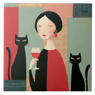 Azulejo De Cerâmica Mulher Elegante Gatos Pretos e Vinho