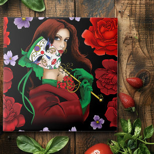 Azulejo De Cerâmica Mulher Elegante Máscara Veneziana Vermelho Verde