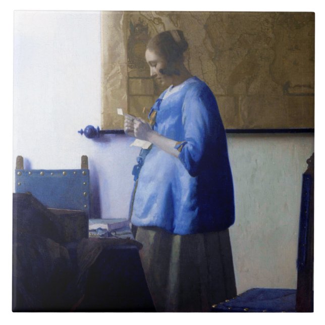 Azulejo De Cerâmica Mulher em azul, Johannes Vermeer (Frente)