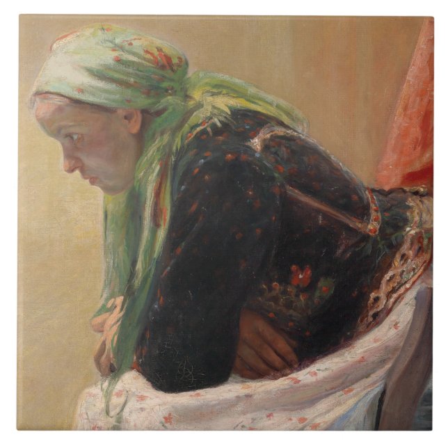 Azulejo De Cerâmica Mulher em Profundo Pensamento (por Oleksa Novakivs (Frente)