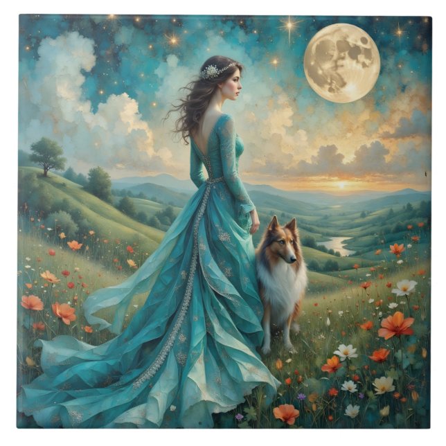 Azulejo De Cerâmica Mulher em Turquesa Vestida e Sable Rough Collie (Frente)