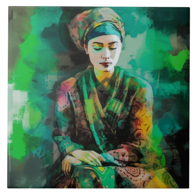 Azulejo De Cerâmica Mulher em Verde (Frente)