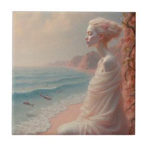 Azulejo De Cerâmica Mulher etérea na praia de Dreamy