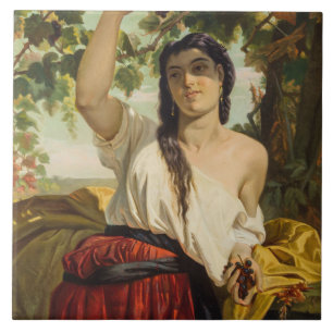 Azulejo De Cerâmica Mulher Italiana Colhendo Uvas (Colheita de Verão)
