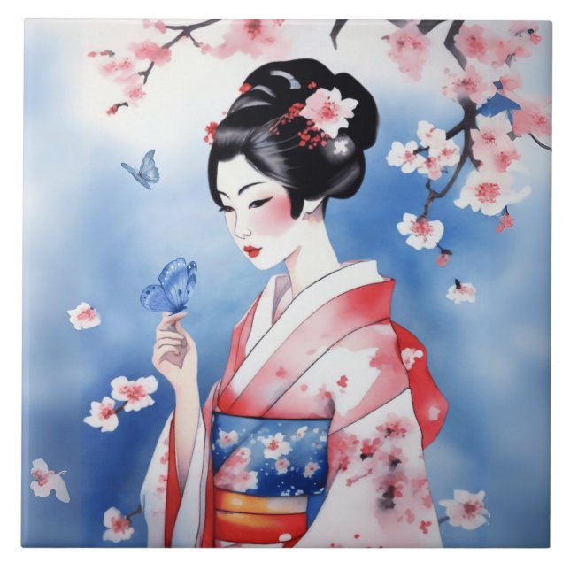Azulejo De Cerâmica Mulher japonesa com borboleta azul (Frente)