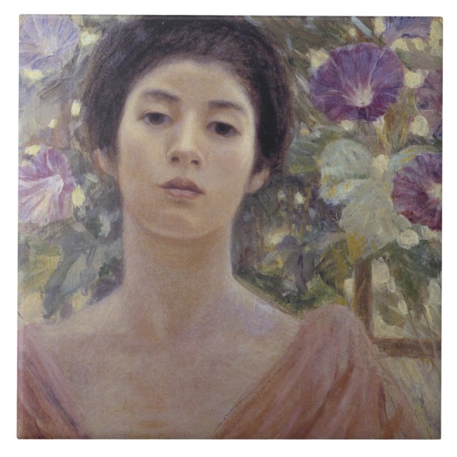 Azulejo De Cerâmica Mulher Japonesa com Flores de Glória da Manhã Roxa (Frente)