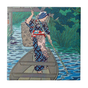 Azulejo De Cerâmica Mulher japonesa oriental legal da pesca do barco