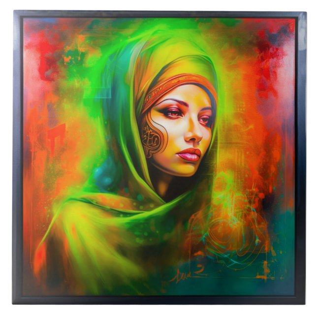 Azulejo De Cerâmica Mulher mística em cores neonárias (Frente)