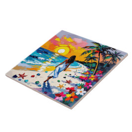 Azulejo De Cerâmica Mulher na Cena Tropical da Praia