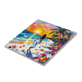 Azulejo De Cerâmica Mulher na Cena Tropical da Praia