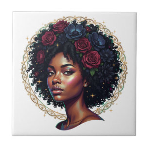 Azulejo De Cerâmica Mulher Negra Afro Floral Escura