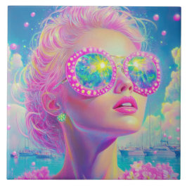Azulejo De Cerâmica Mulher Neon Glamorosa com Óculos Espumantes
