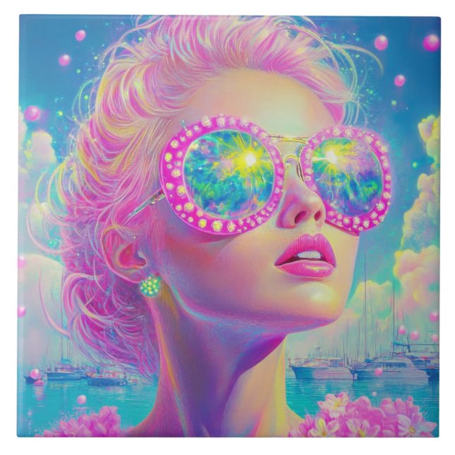 Azulejo De Cerâmica Mulher Neon Glamorosa com Óculos Espumantes (Frente)