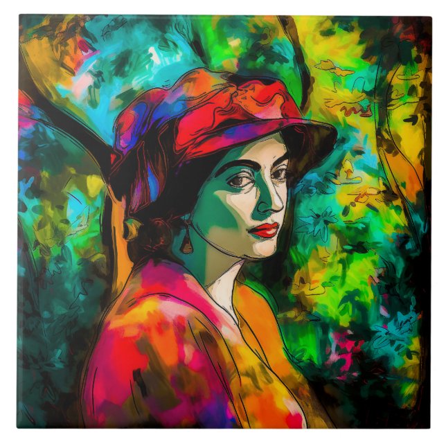 Azulejo De Cerâmica Mulher no Chapéu Vermelho (Frente)