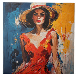 Azulejo De Cerâmica Mulher no vestido de coquetel vermelho