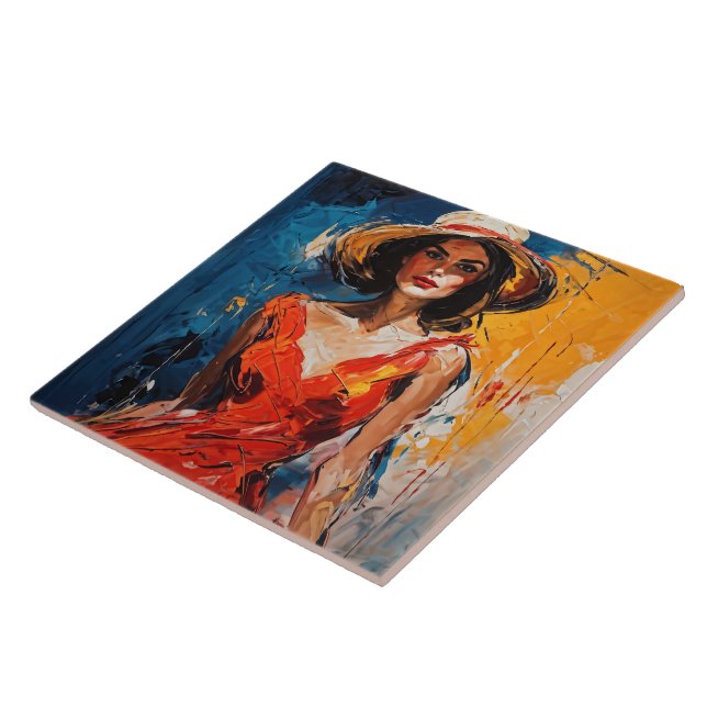 Azulejo De Cerâmica Mulher no vestido de coquetel vermelho (Lateral)