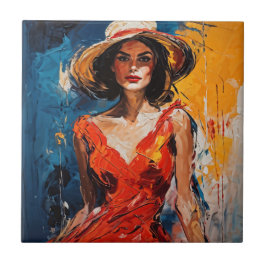 Azulejo De Cerâmica Mulher no vestido de coquetel vermelho