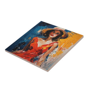Azulejo De Cerâmica Mulher no vestido de coquetel vermelho