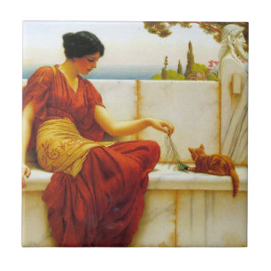 Azulejo De Cerâmica Mulher Romana Brincando com seu Gato Favorito