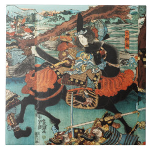 AZULEJO DE CERÂMICA MULHER SAMURAI TOMOE GOZEN HORSEBACK NA BATALHA