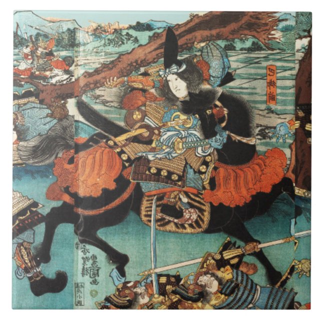 AZULEJO DE CERÂMICA  MULHER SAMURAI TOMOE GOZEN HORSEBACK NA BATALHA (Frente)