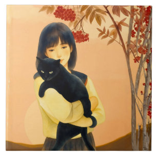 Azulejo De Cerâmica Mulher segurando um gato preto no outono