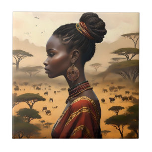 Azulejo De Cerâmica Mulher Tribal A Observar A Sua Paisagem Africana.
