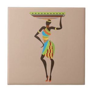 Azulejo De Cerâmica Mulher Tribal Africana com basquete de arte tribal