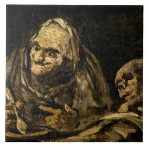 Azulejo De Cerâmica Mulher Velha com Esqueleto (Morte) (Francisco Goya