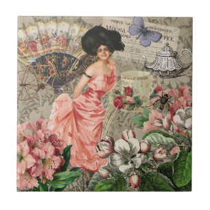 Azulejo De Cerâmica Mulher Victoriana Café Clássica Rosa
