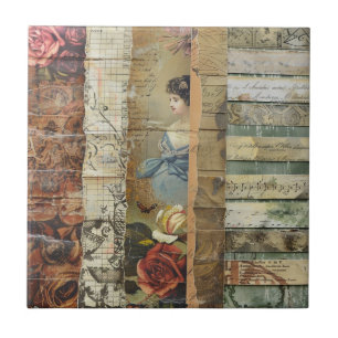 Azulejo De Cerâmica Mulher Vitoriana Colagem Sépia Vintage