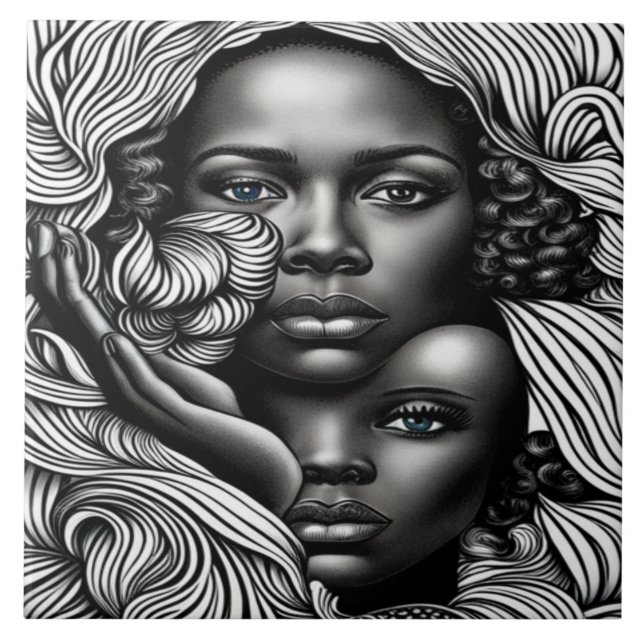 Azulejo De Cerâmica Mulheres Abstrato africanas de preto e branco (Frente)